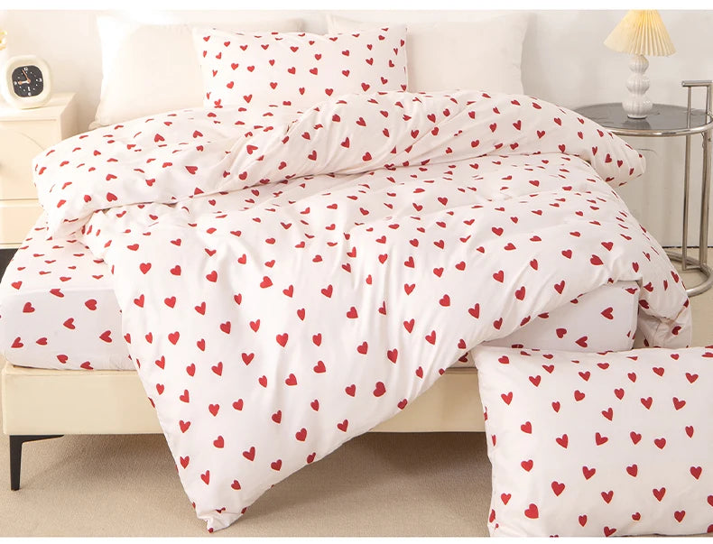 3pcs Set Red Heart Printed Duvet Cover Set (1 Duvet Cover & 2 Pillowcase) Soft And Skin-Friendly