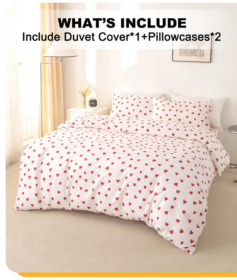 3pcs Set Red Heart Printed Duvet Cover Set (1 Duvet Cover & 2 Pillowcase) Soft And Skin-Friendly