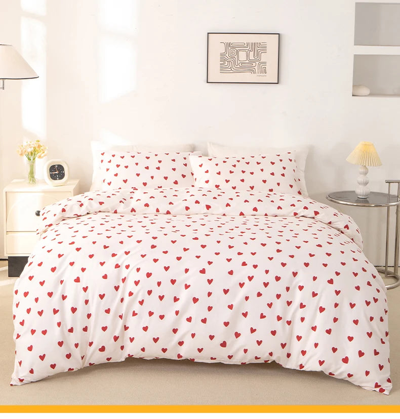3pcs Set Red Heart Printed Duvet Cover Set (1 Duvet Cover & 2 Pillowcase) Soft And Skin-Friendly
