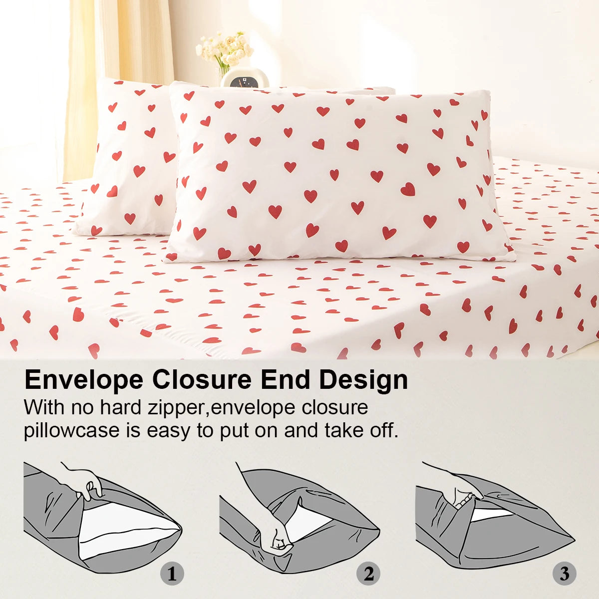 3pcs Set Red Heart Printed Duvet Cover Set (1 Duvet Cover & 2 Pillowcase) Soft And Skin-Friendly